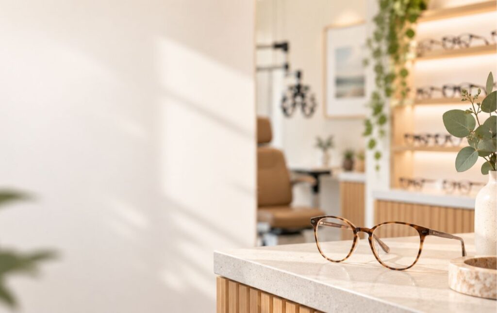 Prescription glasses displayed inside an Australian optometry practice offering optical eyewear and eye care services.