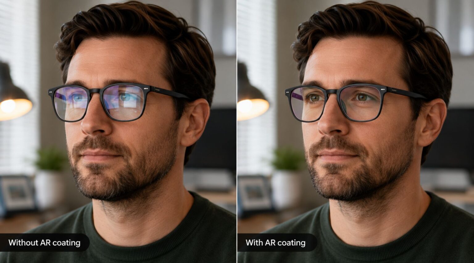 Comparison of eyeglasses without and with anti-reflective coating, showing reduced lens reflections and clearer visibility of the wearer's eyes.