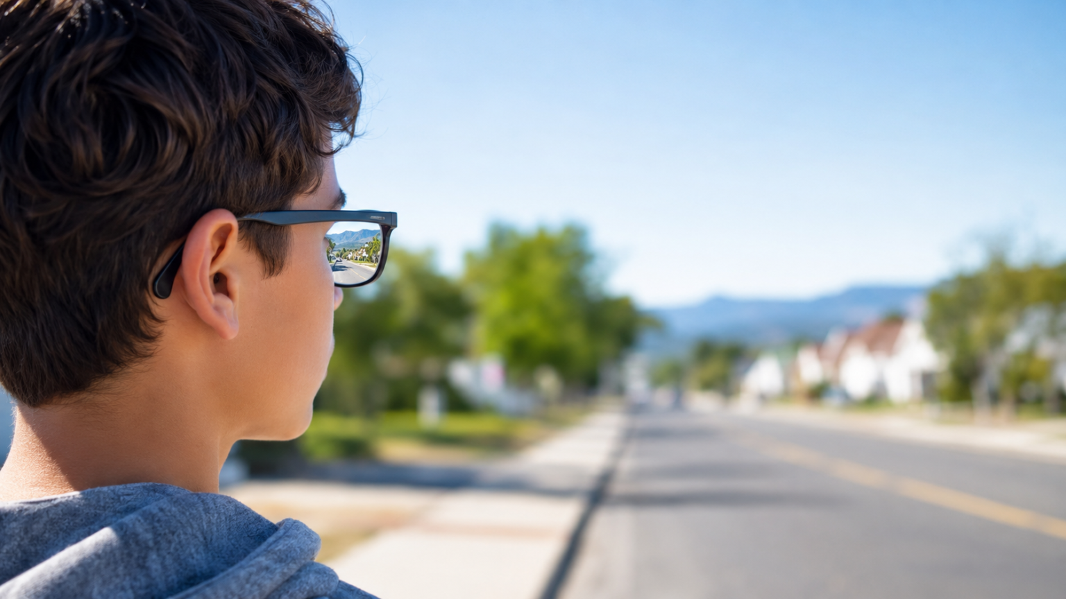 Child wearing prescription glasses and looking down a clear suburban road