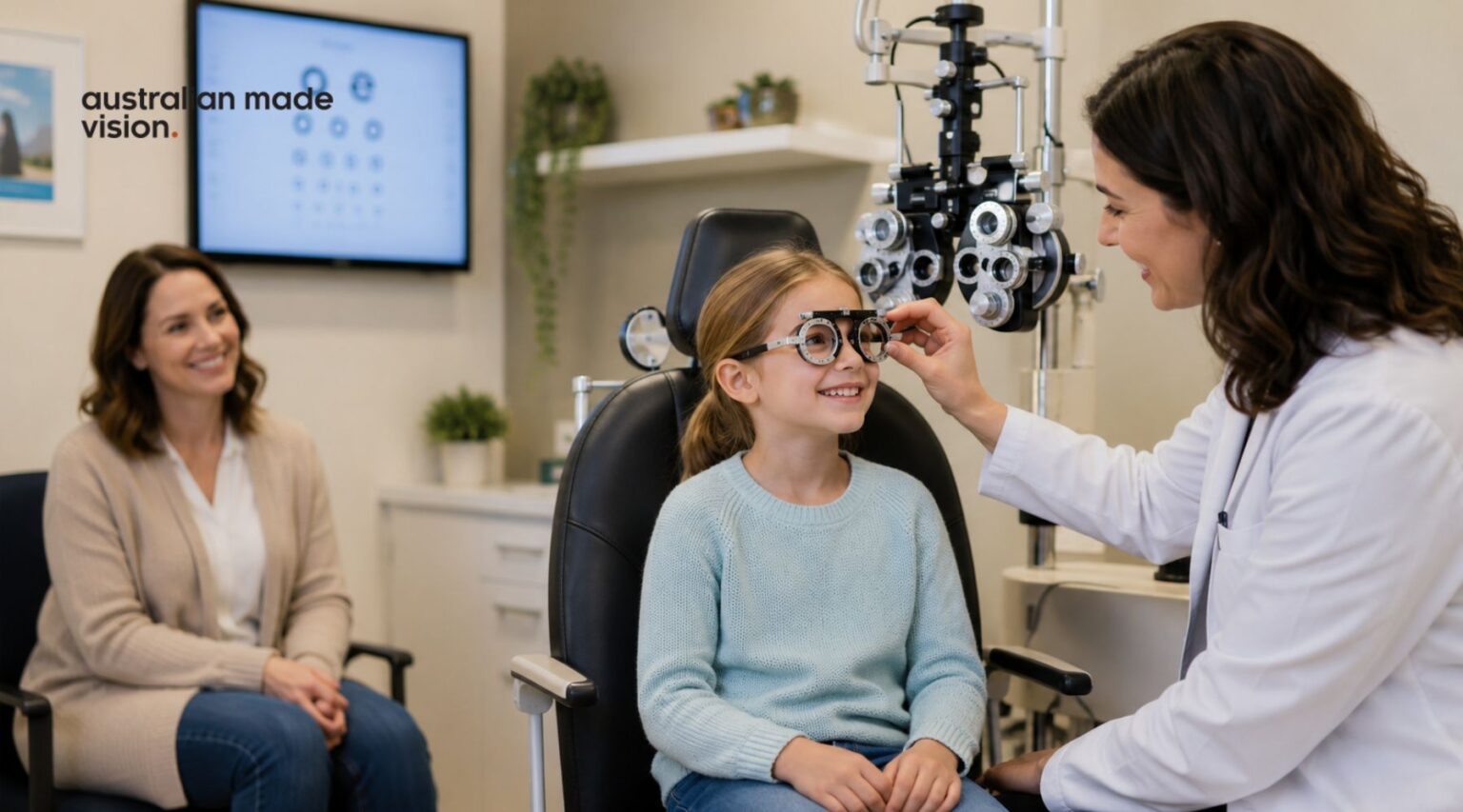 Optometrist fitting trial frames on a child during a comprehensive children’s eye test