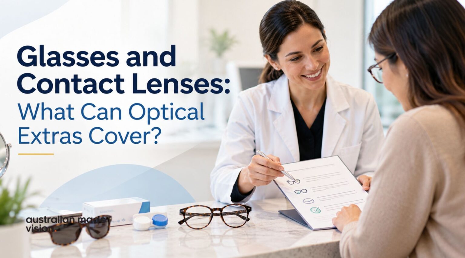 Optometrist discussing optical extras cover for glasses and contact lenses with a customer at an optometry practice.