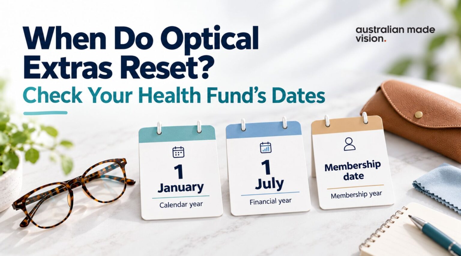 Optical extras reset dates showing calendar year, financial year and membership year benefit periods.